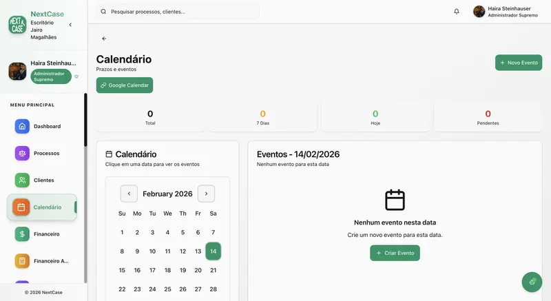 Agenda compartilhada com prazos e audiências no Next Case